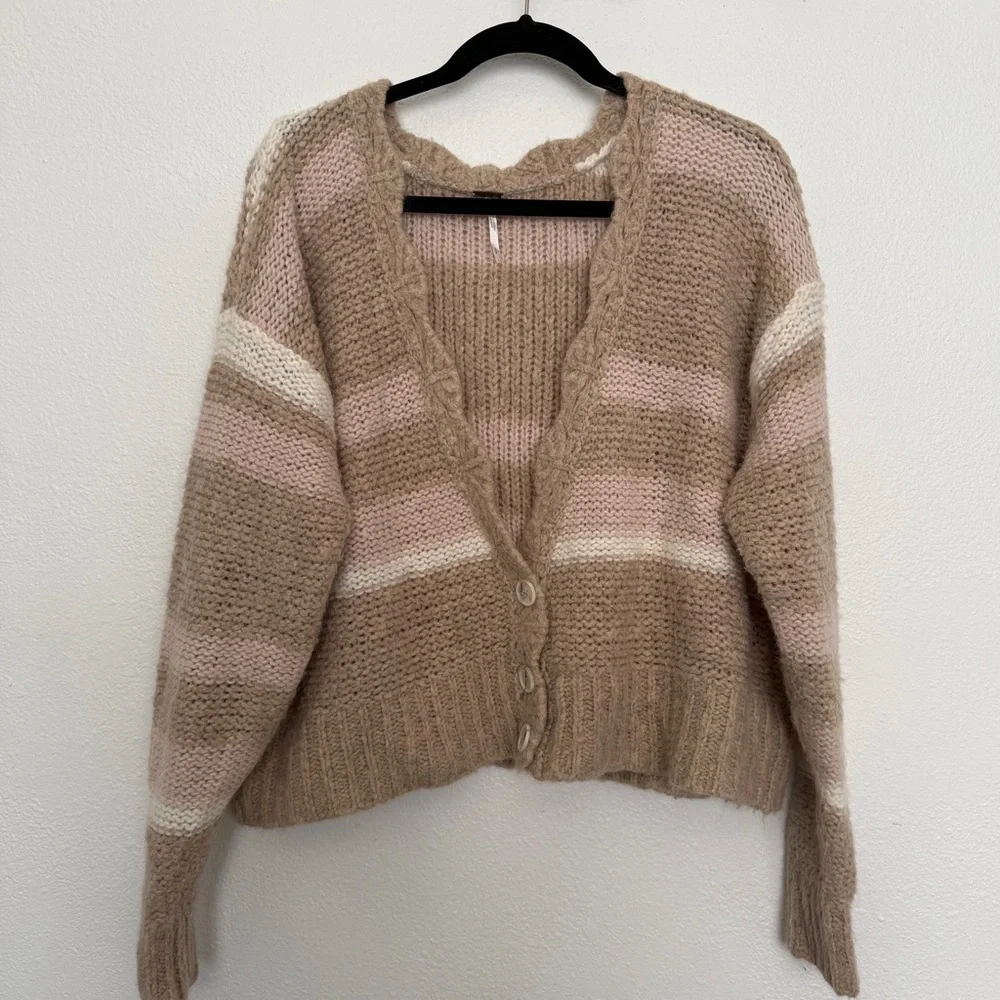 Free People Fine Time Latte Striped Oversized Wool Alpaca Cardigan S